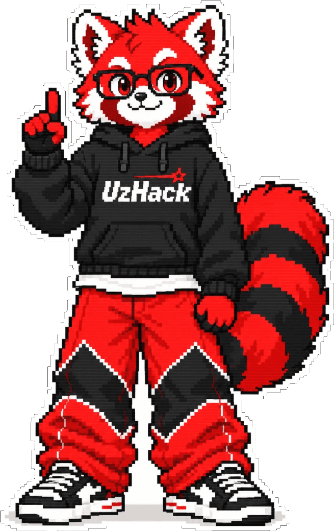 Polvon, the UzHack mascot, in pixel-art style: a red panda in glasses, a black UzHack hoodie and red track pants, pointing up