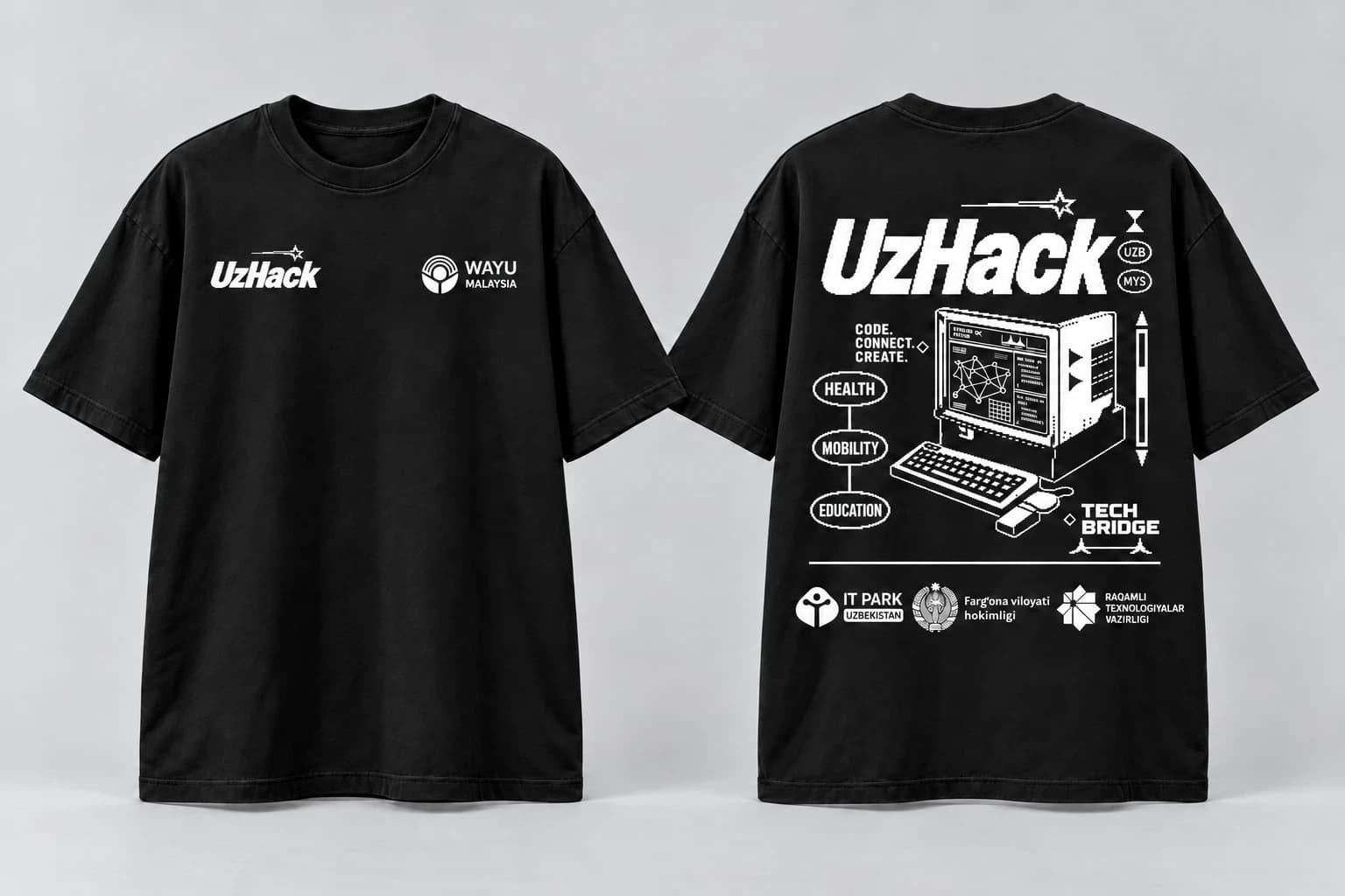 Black UzHack T-shirt, front and back. The back shows a retro computer illustration with the Health, Mobility and Education tracks.