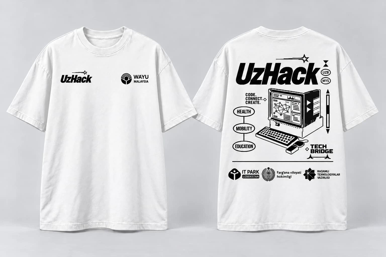 White UzHack T-shirt, front and back. The back shows a retro computer illustration with the Health, Mobility and Education tracks.