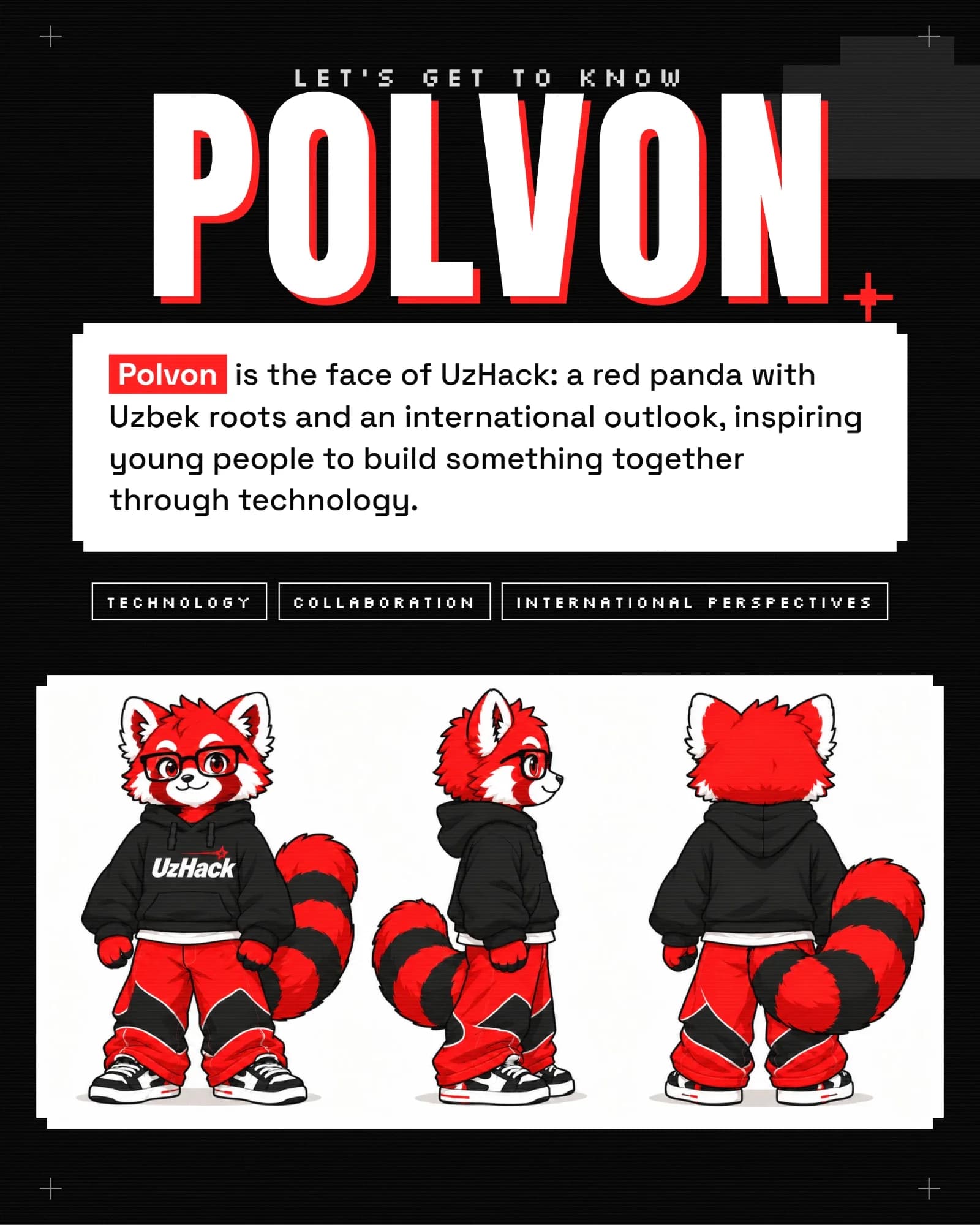 UzHack Instagram post: Let’s get to know Polvon, the face of UzHack. Technology, collaboration and international perspectives, with front, side and back views.