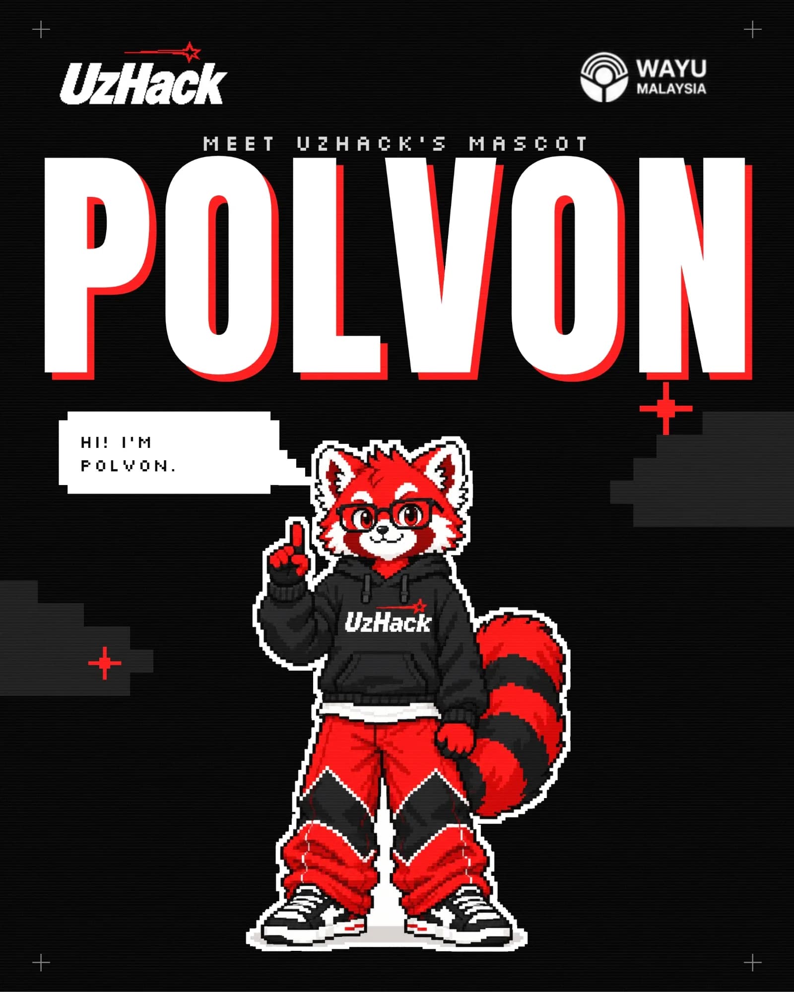 UzHack Instagram post: Meet UzHack’s mascot, Polvon. A pixel-art red panda says: Hi! I’m Polvon.