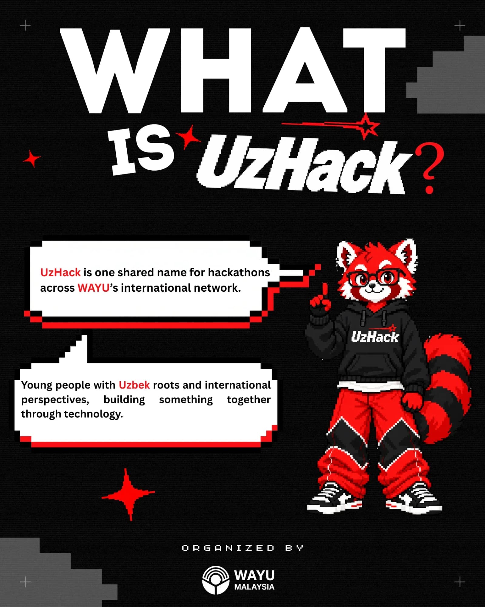 UzHack Instagram post: What is UzHack? One shared name for hackathons across WAYU’s international network, featuring Polvon the red panda.